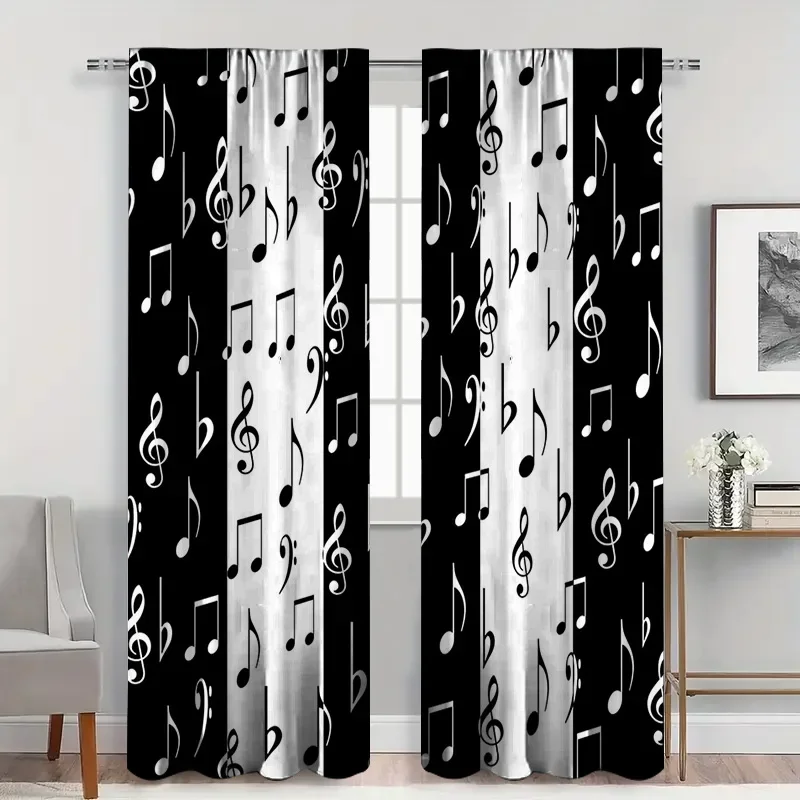 2pcs Music Note Blackout Curtains for Home Decor, Room Decoration Drapes for Living Room Bedroom Music Lovers