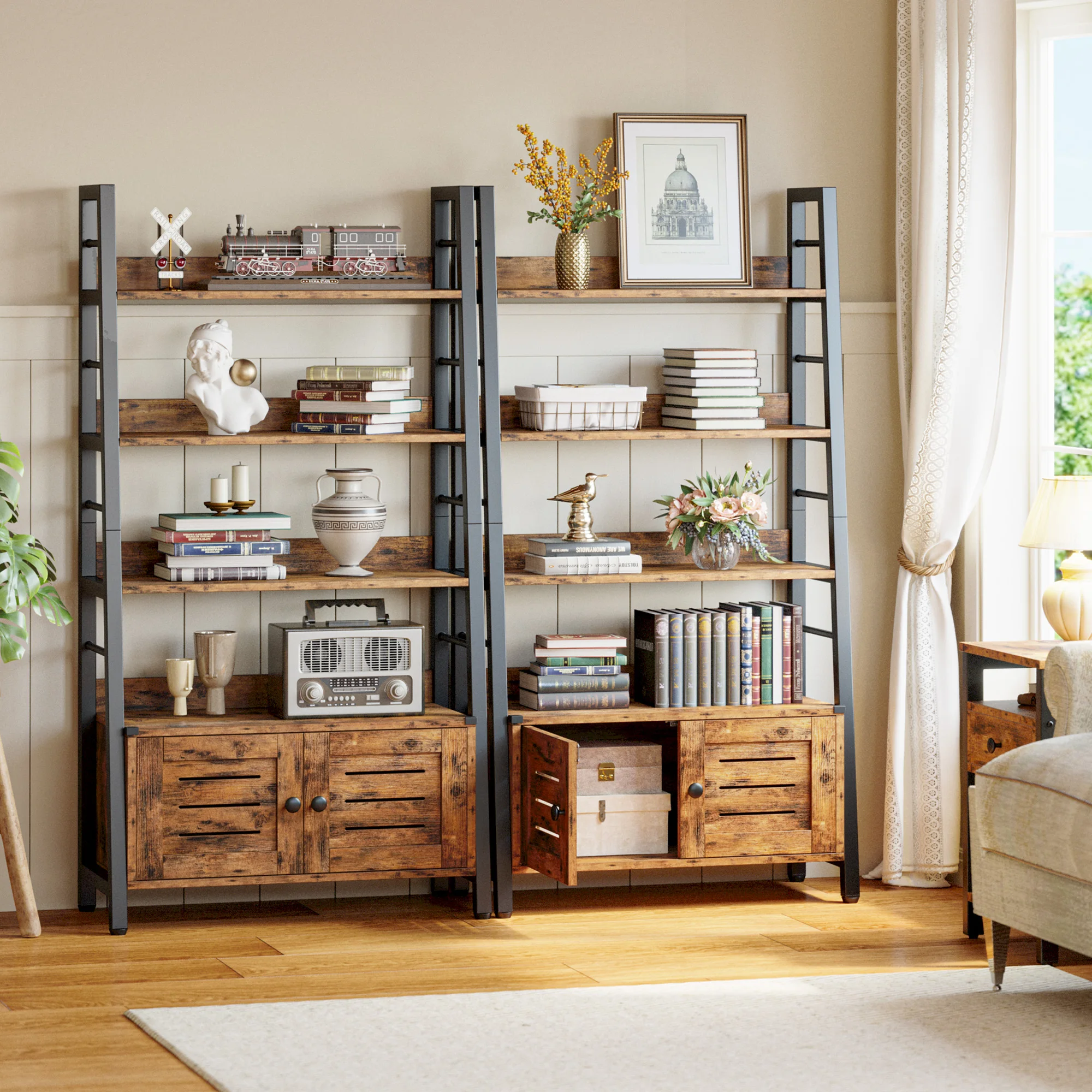 

IRONCK Bookshelf with Louvered Doors, 3-Tier Ladder Shelf with Cabinet Industrial Accent Furniture for Bedroom Living Room Home