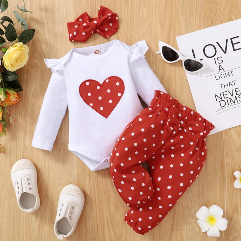 3 szt. Noworodek zestaw ubranek dla dziewczynki Love Heart z długim rękawem Romper + spodnie + opaska modne stroje dla małej dziewczynki 0-18 miesięcy