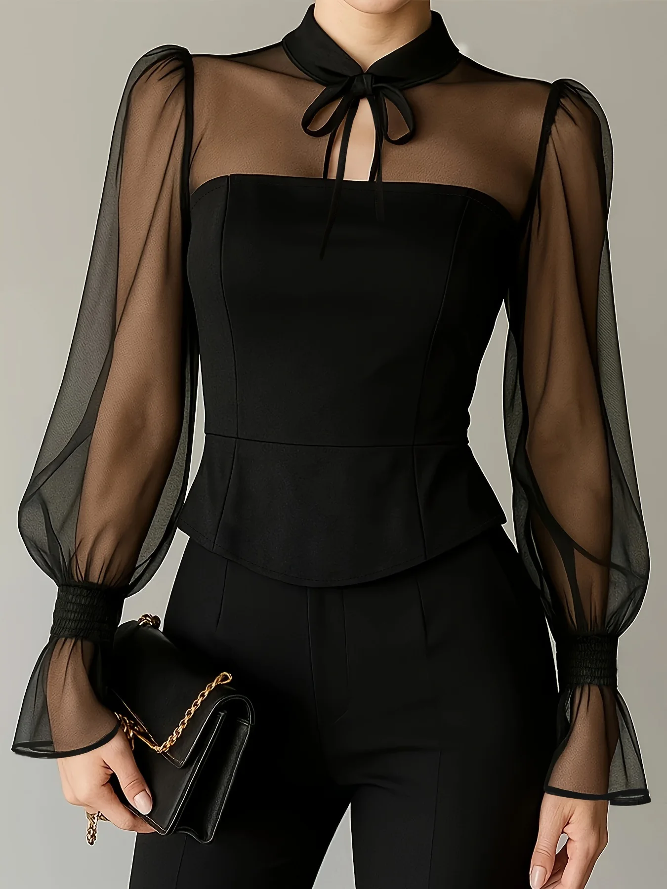 Black Women Mesh Blouse Top Elegant Bow Lace Up Hollow Out See Through Long Sleeve Shirts Fashion Lantern Sleeve Slim Blouses
