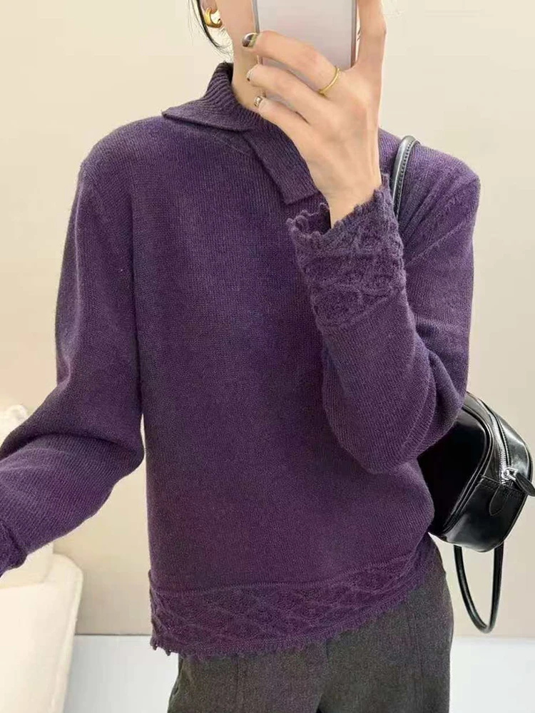 New Women Fine Wool Sweater Autumn Winter Irregular Lapel Jacquard Pullover Bottoming Clothing Casual Warm Knitting Top
