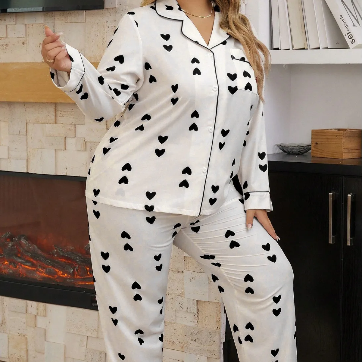 2025 spring Plus Size Women Pajama Set Love print Long Sleeve Top & Pants Female 2 Pieces Sleepwear Fall Nightwear Homwear Cloth