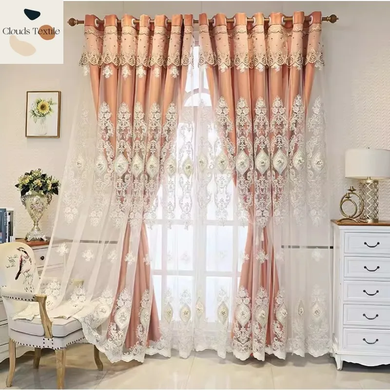 

Double-Layer Curtains for Living Room Bedroom Dining Custom European Style Curtain New Pink Cloth Yarn Relief Embroidery Window