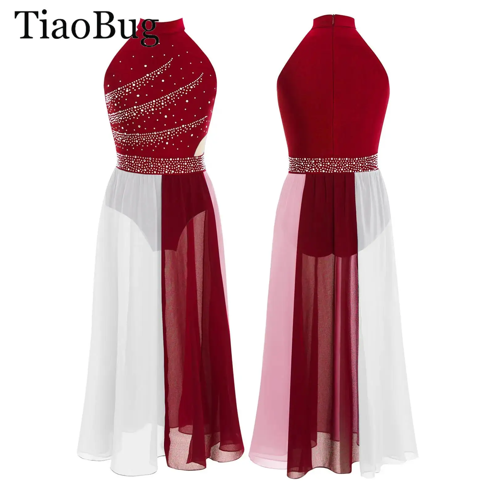 

Girls Contemporary Modern Lyrical Dance Dress Costume Sleeveless Rhinestones Side Split Chiffon Leotard Dress Ballet Dance Wear