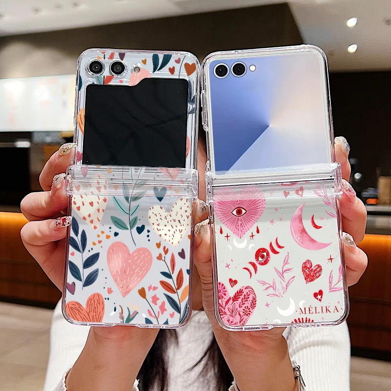 Romantic Love Heart Printed Phone Case For Samsung Galaxy Z Flip 7 FE 6 5 4 3 5G Folding Hard PC Clear Cover For Samsung Z Flip6