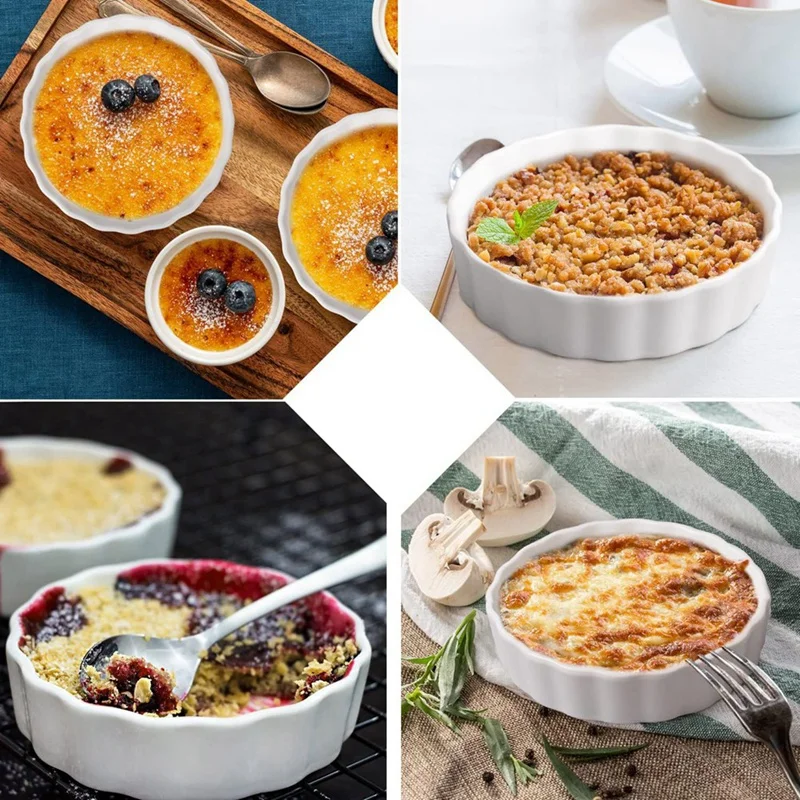5-calowa kremówka Brulee Ramekins, okrągłe karbowane naczynie do tarty z quiche, bezpieczne ramekiny do piekarnika do pieczenia, suflet, ramekiny 6 szt.