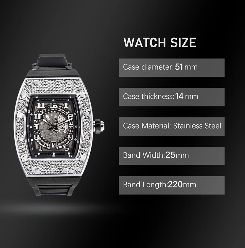 Luxury 51mm Big Watches For Men Fashion Bling Full Diamond Inley Quartz Watch Sport Rubber Strap  Tonneau Shape Auto Date Clock