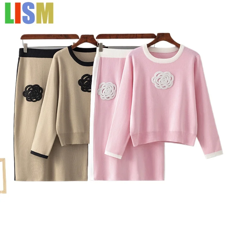 

LISM winter two piece set Knitted outfits Embroidered Knitwear Mini Dress Set Loose-Fit Top And Sweater Skirt Two-Piece Set