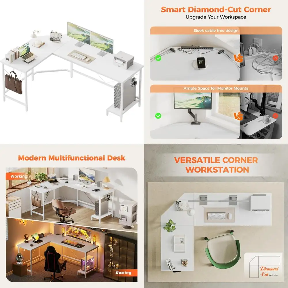 

Corner L-Shaped Wood Computer Desk for Home Office, Gaming, and Study with CPU Stand - White Finish