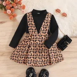 Sunny Baby Autumn Children's Clothing 4-7Y Girls Classic Printed Suspender Skirt Black Turtleneck Long Sleeve Two-piece Set