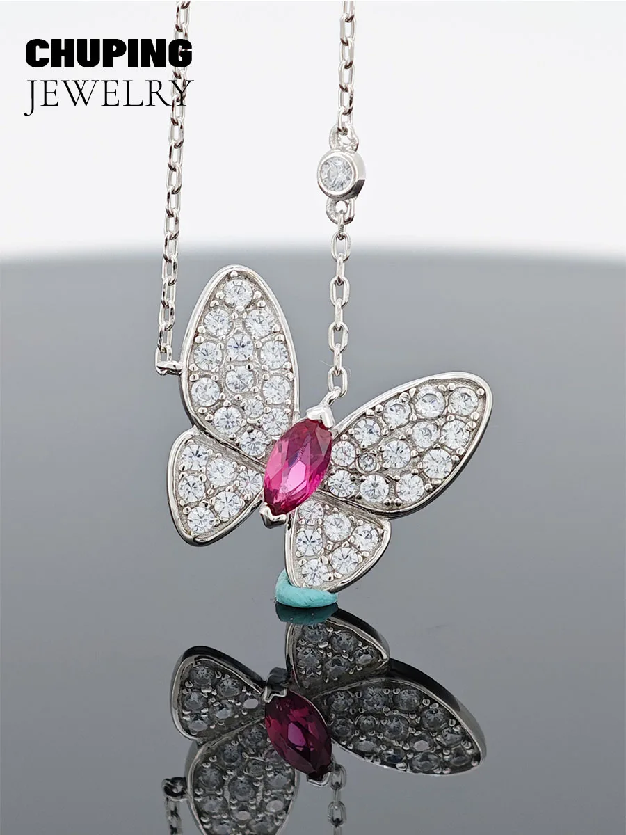 

Chu Ping Fine Jewelry Red Tourmaline Marquise Cut Necklace With Butterfly Shape S925 Silver for Her Birthday or Anniversary Gift