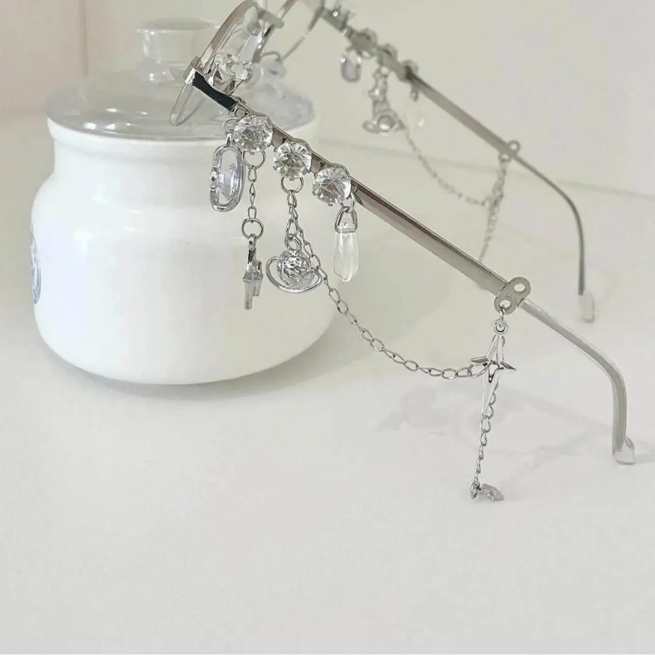 Lolita Eyeglasses Sweet Cool Spicy Girl With Chain Star Diamond Small Frame Elliptical Glasses COS Eyewear Cosplay Accessories 5