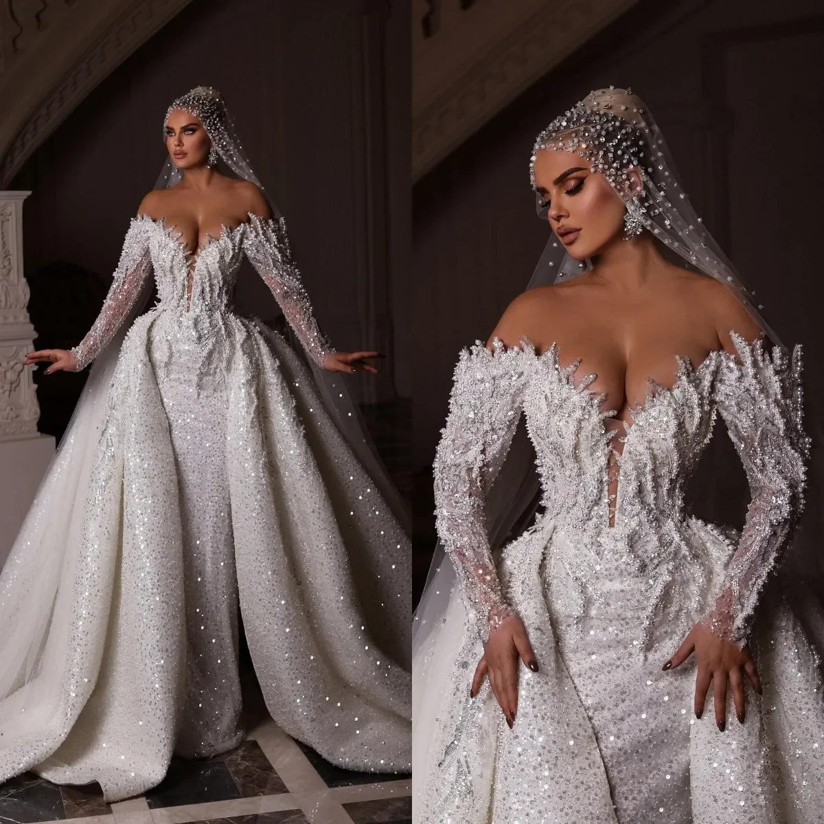 

Гламурное свадебное платье-русалка с открытыми плечами, длинными рукавами, бисерной отделкой, блестящее, с накидкой и фатой, для невесты, на заказ