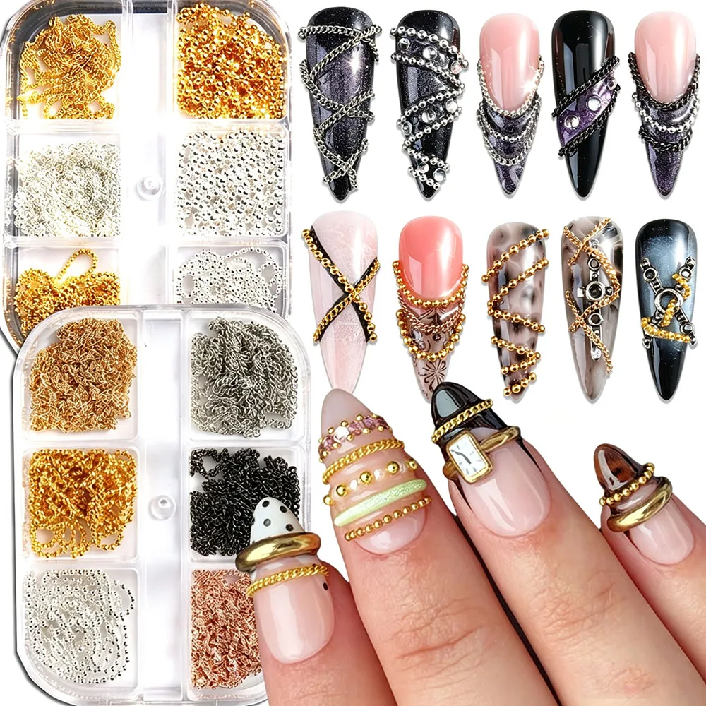 1Box Mixed Metal Chain Nail Charms 3D Luxury Gold Silver Black Beads Chain Alloy Nail Decors For Gothic Punk Manicure Nail Suppl