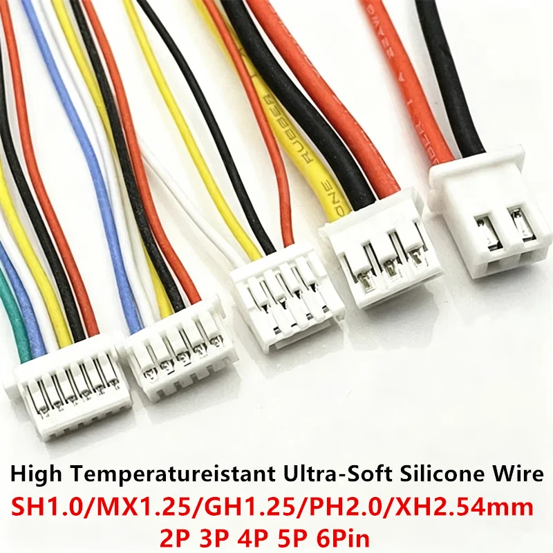 SH1.0/MX1.25/GH1.25/PH2.0/XH2.54mm 2P 3P 4P 5P 6Pin 200C 3KV High Temperatureistant Ultra-Soft Silicone Wire for RC Electronics