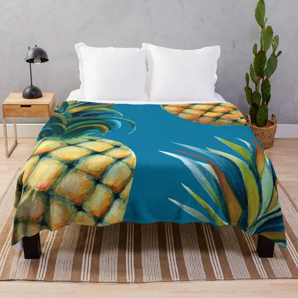 

Pineapple watercolor - mosaic blue background Throw Blanket Shaggy Furry Soft Blanket for Bedroom Living Room
