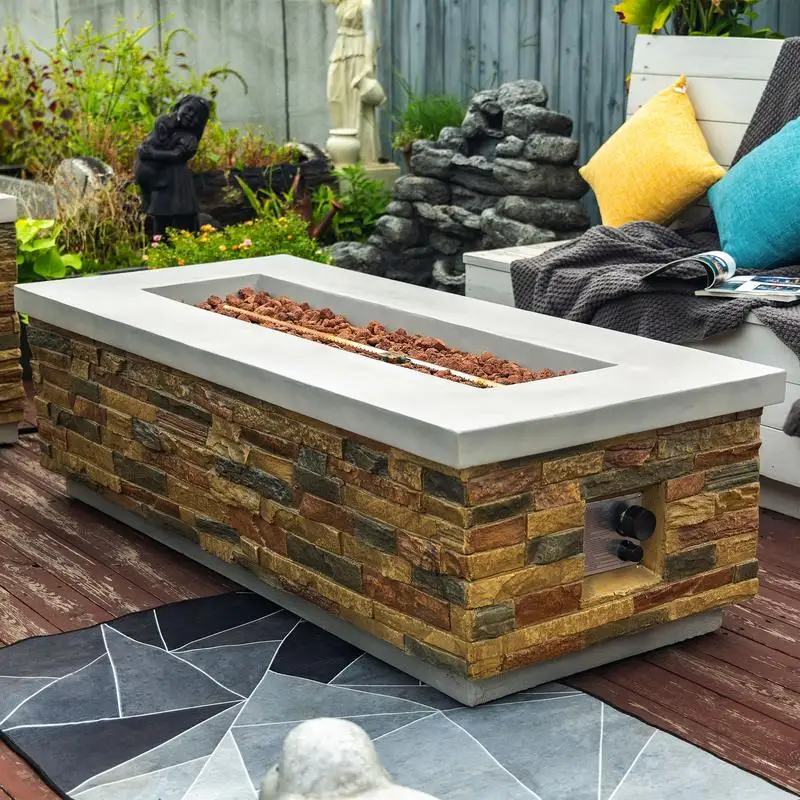

60" Propane Gas Fire Pit Table, 60000 BTU Rectangular Concrete Fire Pit for Outdoor Patio Deck Garden - Sandstone Finish
