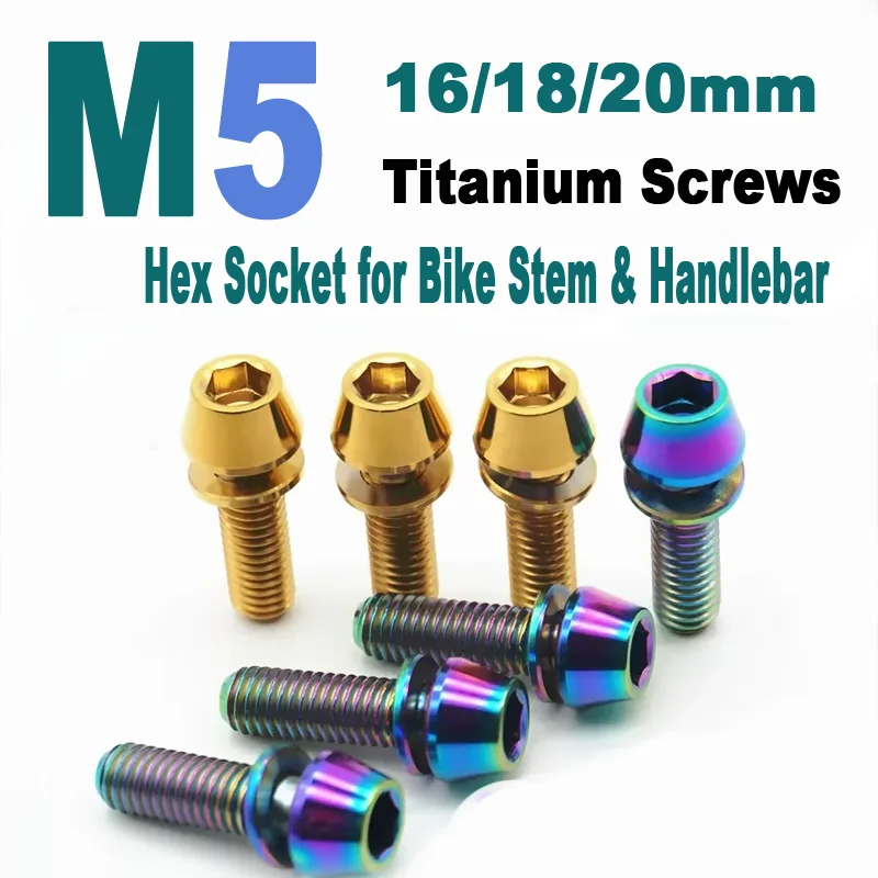 2pcs M5 Titanium Screws (16/18/20mm) – Tapered Ti Bolts with Washer/Allen Key, Hex Socket for Bike Stem & Handlebar