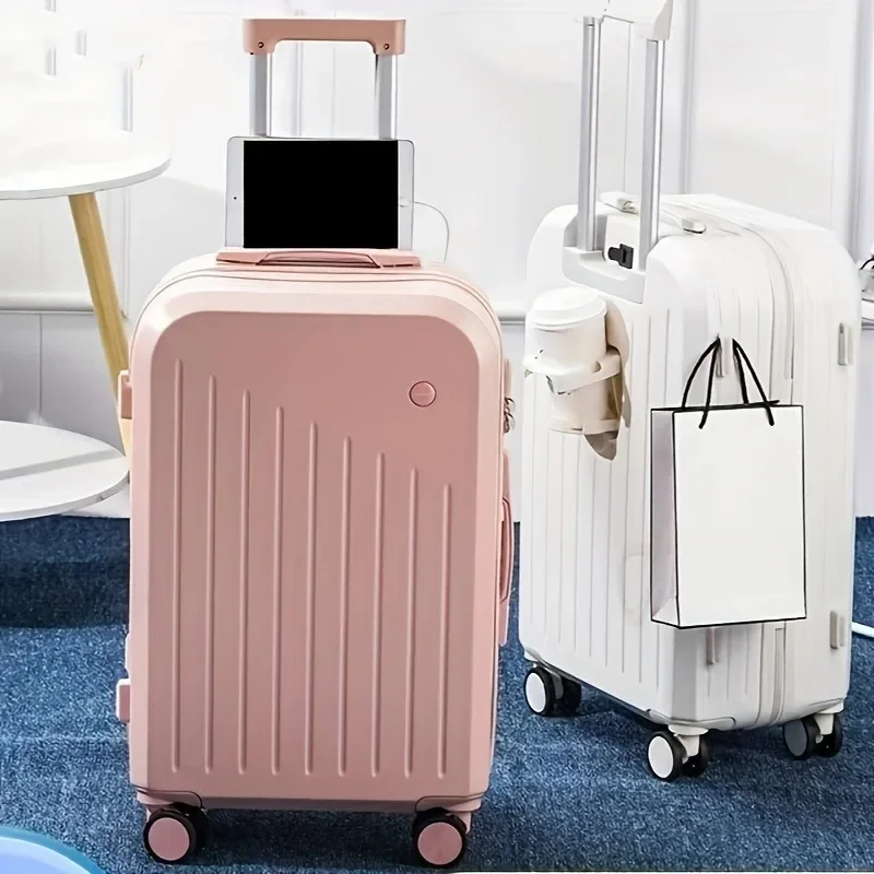 Spinner Wheel Luggage with CupHolder,USB Port,Phone Holder-Hard ABS+PC Shell,Casual Style, Zipper Closure Light Boarding Luggage