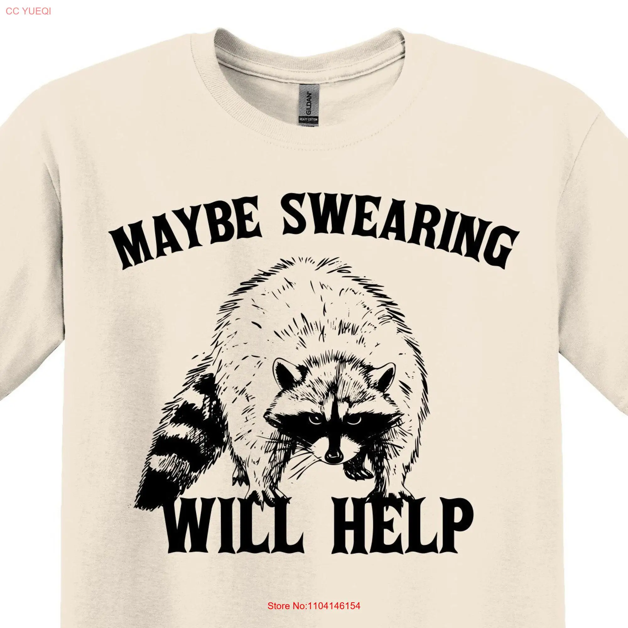 Maybe Swearing will help Raccoon T Shirt Funny Vintage Nostalgia Minimalist Gag Meme long or short sleeves