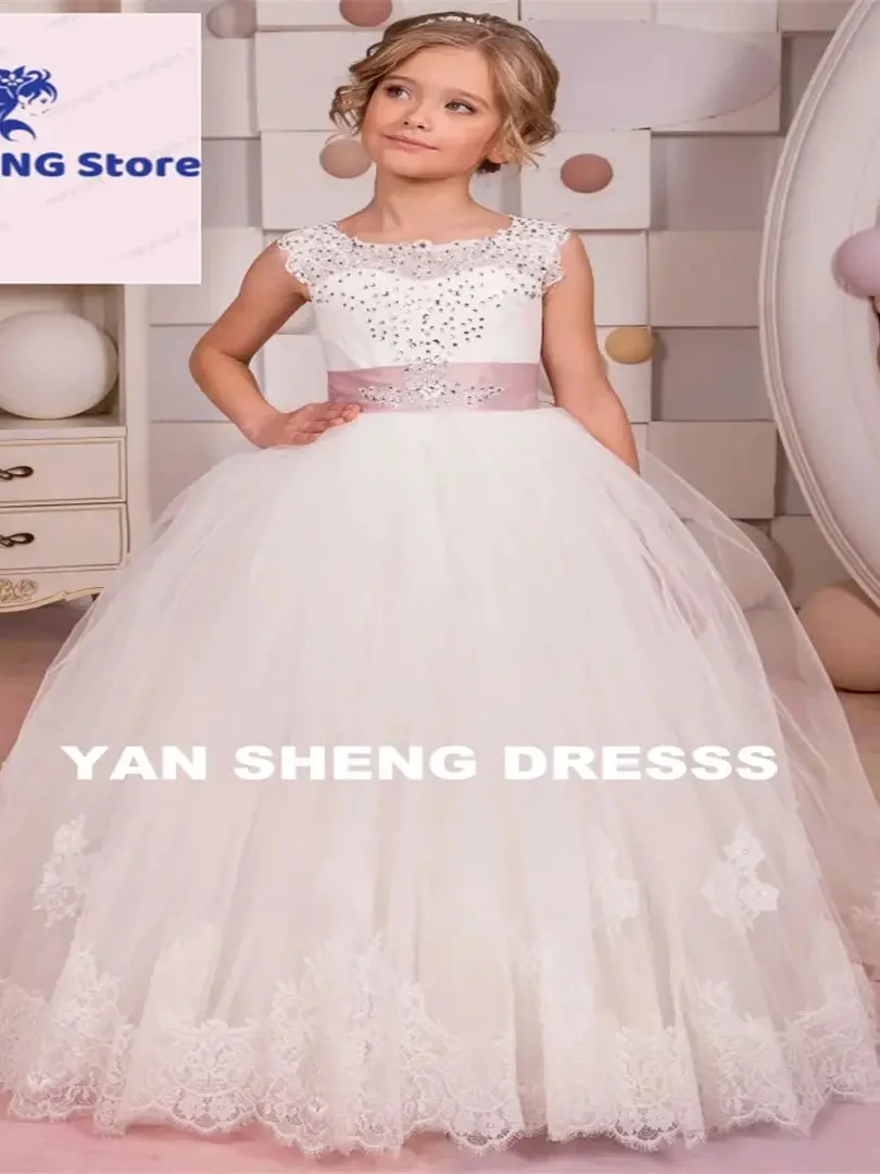 Customized Flower Girl Dresses White Diamond Lace Appliques With Pink Bow Sleeveless For Wedding Birthday Party Banquet Gowns