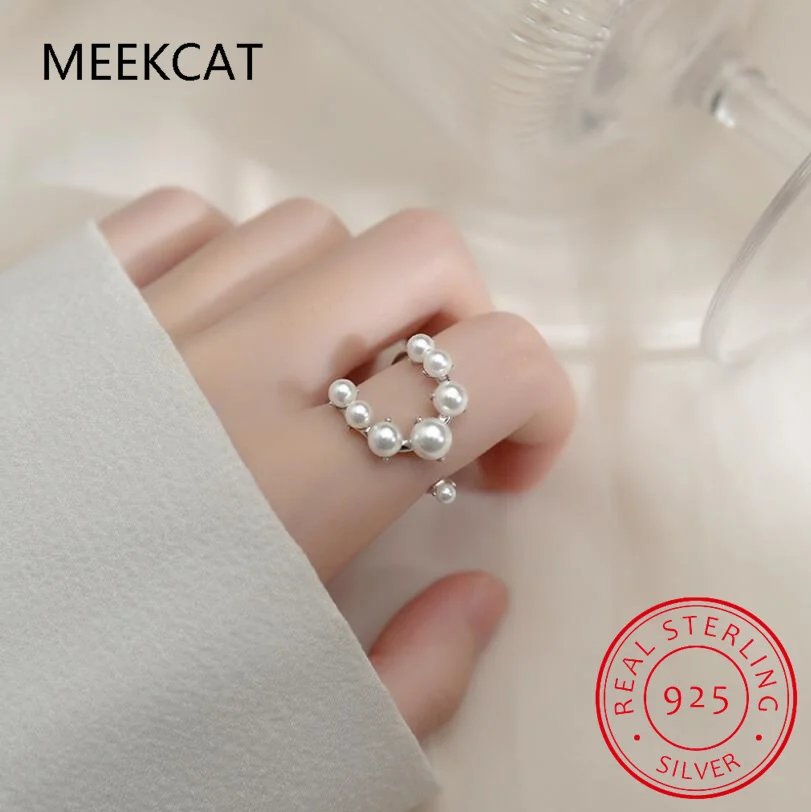 925 Sterling Silver Pearl Geometric Shape Adjustable Size 6-8 Finger Rings Fashion Platinum Plated Jewelry For Women Gift