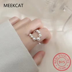 925 Sterling Silver Pearl Geometric Shape Adjustable Size 6-8 Finger Rings Fashion Platinum Plated Jewelry For Women Gift