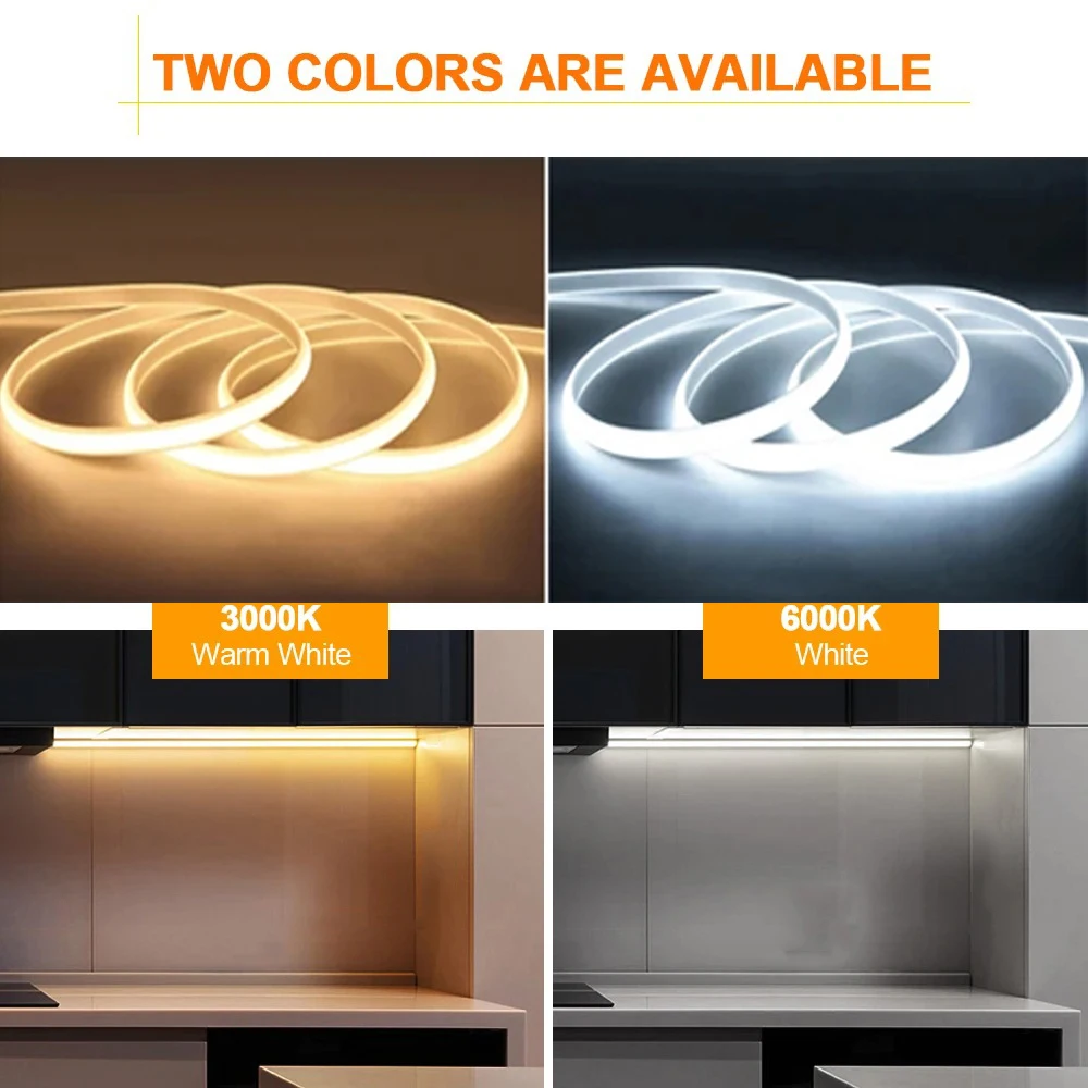 سطوع عالية 220 فولت COB LED الشريط مقاوم للماء COB LED قطاع مع ON-OFF التبديل شريط مرن لغرفة المطبخ الإضاءة في الهواء الطلق