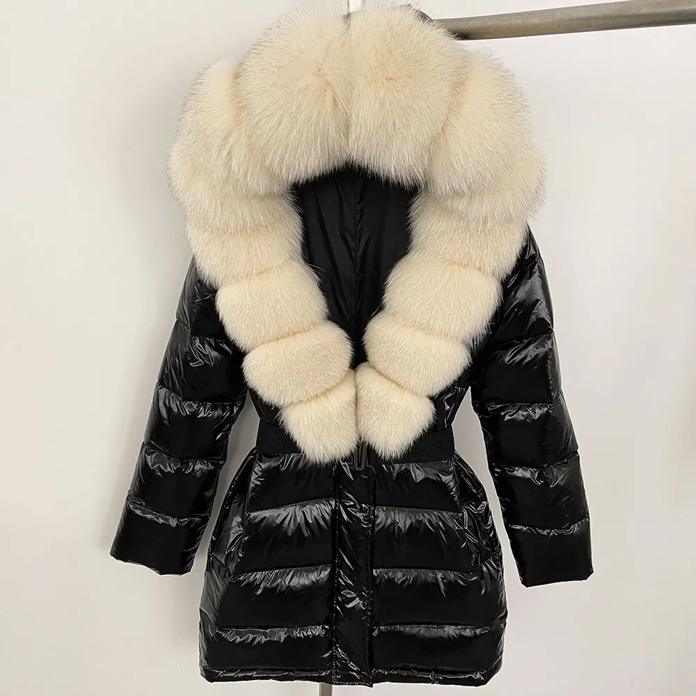 Chaqueta de invierno para mujer, abrigo con cuello de piel de zorro de alta calidad, chaquetas de plumón de pato blanco 90, plumón cálido con superficie brillante, novedad de 2024