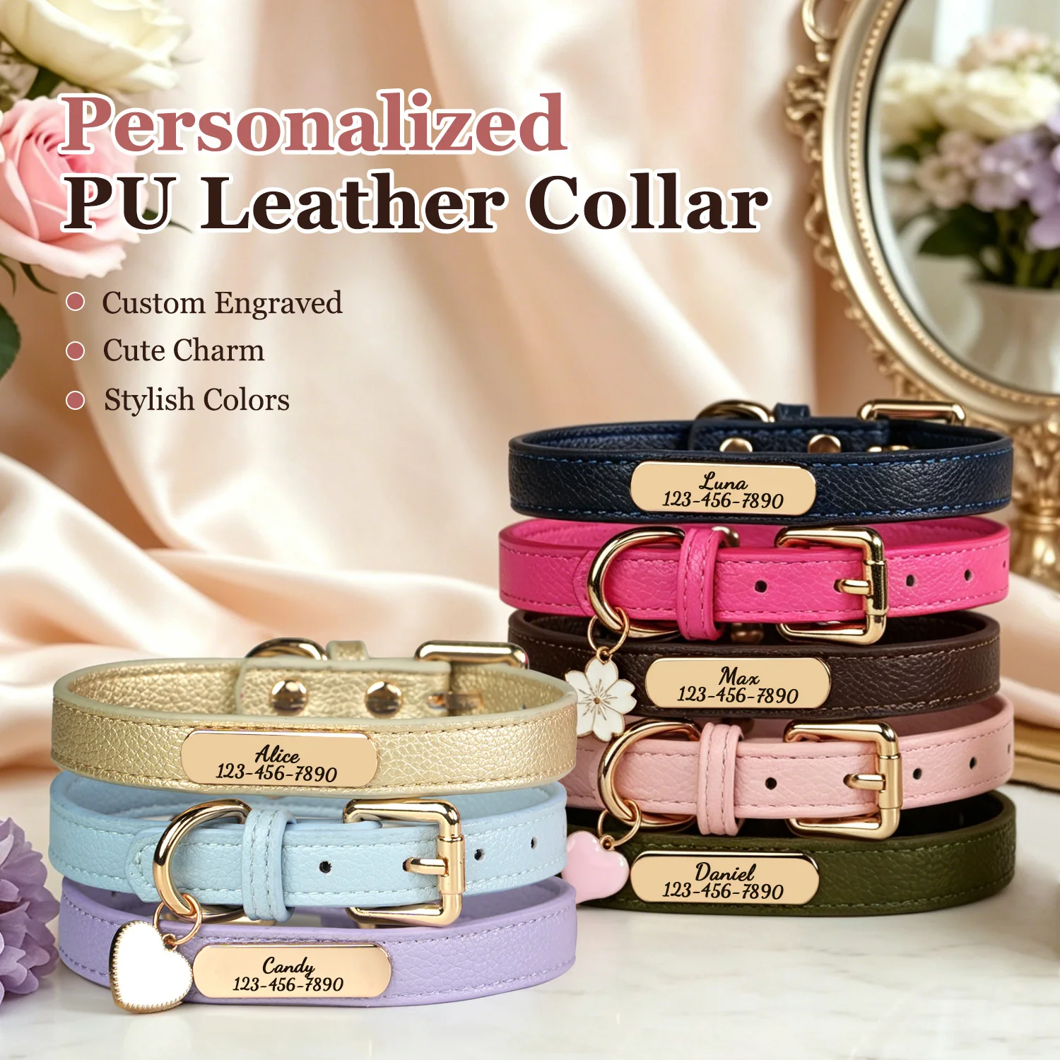 Luxury & Soft Leather Personalized Dog Collar and Pendant Pet Puppy Cat ID Nameplate Engraved for Small Medium Dogs