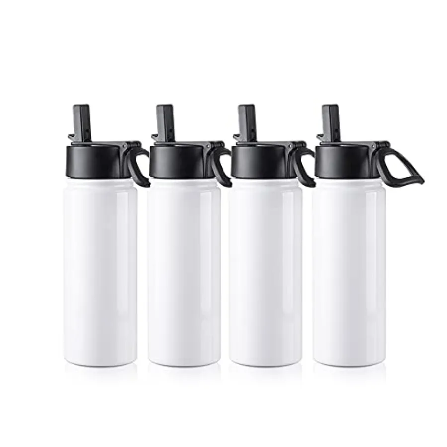 4 Pack Sublimation Blank Tumbler White Sports Water Bottles Wide Mouth Stainless Steel Vacuum ask with Straw and Portable Handl