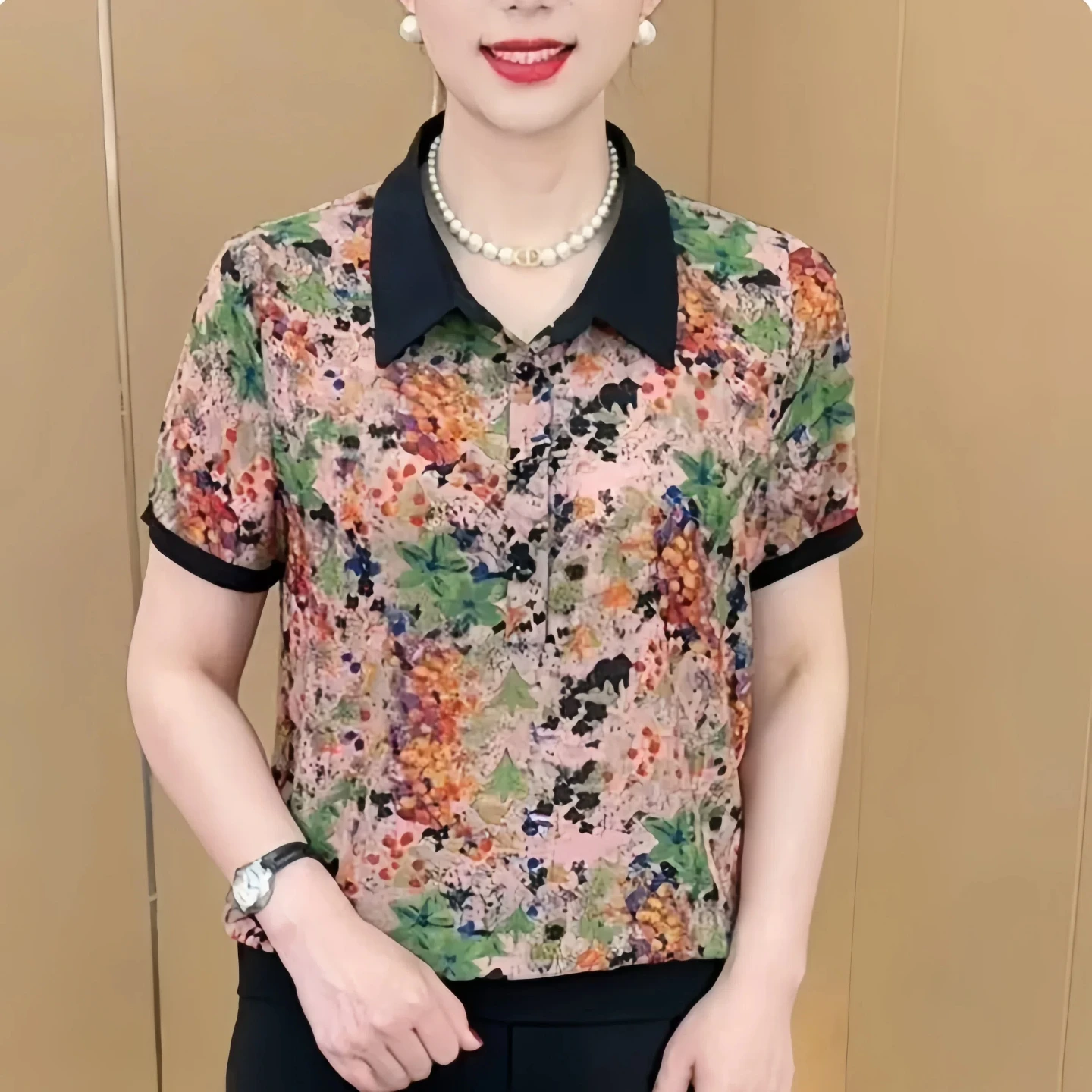 Fashionable Mommy Style Printed Collared Short Sleeve T-Shirt Loose Slimming Summer Top for Women Breathable Comfortable Kore...