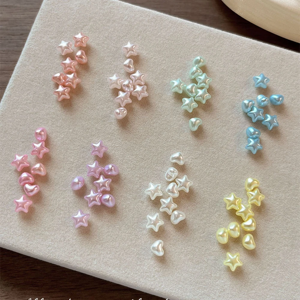 100 Stück/2 Packungen Macaron Stern Herz Nagelcharms 3D Perlmuttartige Niedliche Herzdekorationen für Maniküre DIY 6,5*10mm Gemischte Farben – Detail 1