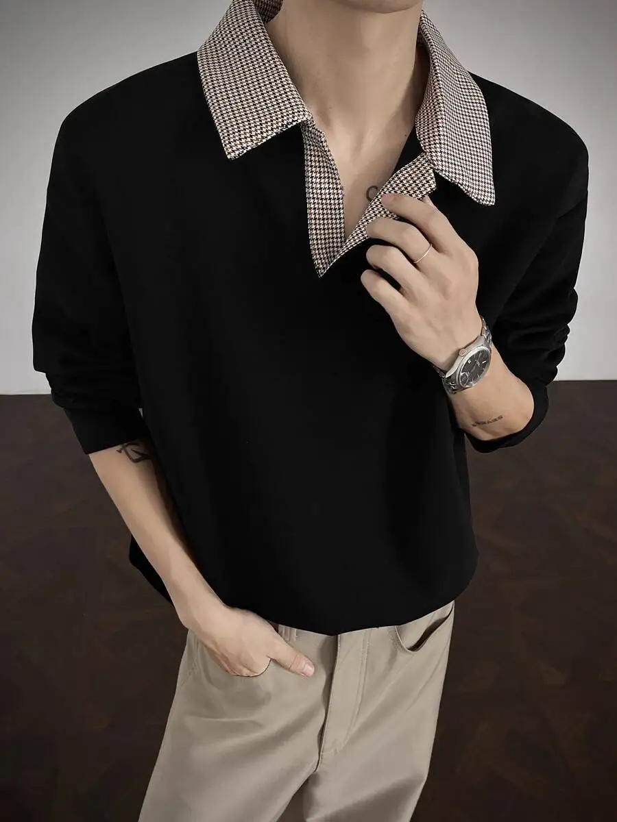 

Office Suit Fake Two Piece Shirts Men's Autumn Long-Sleeve T Shirt Cleanfit Plaid Pattern Paneled Sweatshirt Top