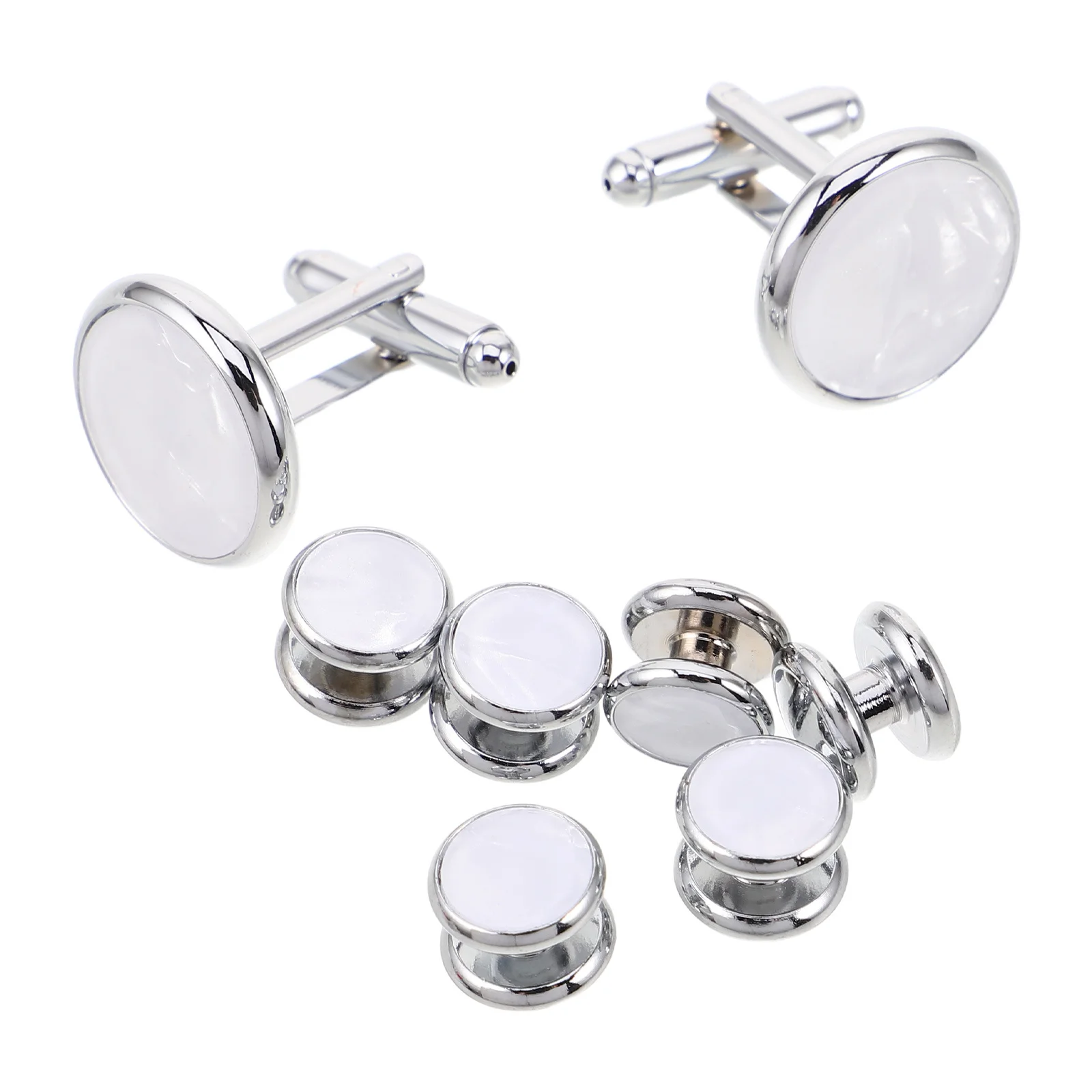 

1Set Men's French Cuff Shirt Cufflinks and Round Shell Enamel Shirt Studs Tuxedo Buttons Business Groom Formal