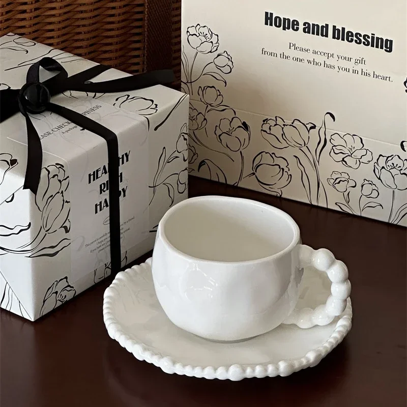 

Irregular White Pearl Coffee Cups and Plates, High-end French Afternoon Tea Cups, Holiday Birthday Souvenirs