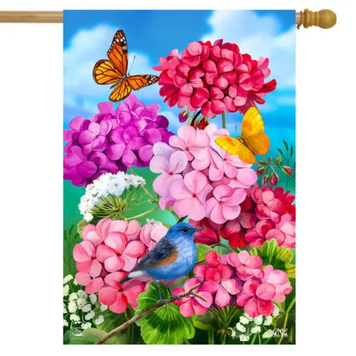 Geraniums In Bloom Spring House Flag Floral Birds 28