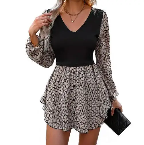 

2025 Autumn New Women's Fashion Casual Splicing Bubble Sleeve Button Deep V-Edge Irregular Dress Short Skirt Women's Wear