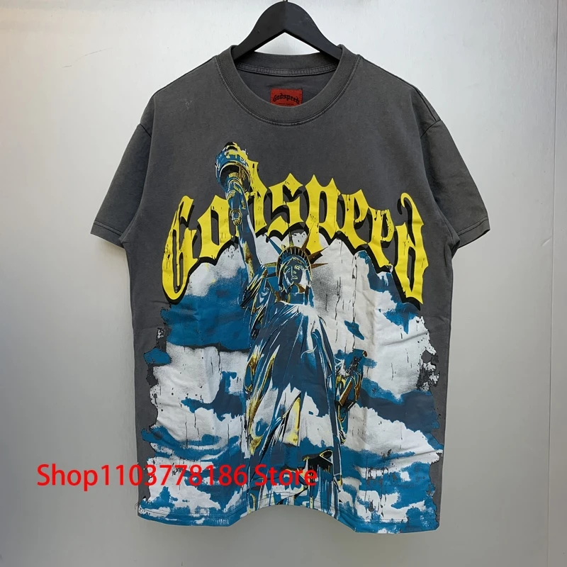 Europe America Classic Pop Statue Print Godspeed T-shirt Real Photo Men Women All-match Roundneck GOD SPEED Short Sleeve Top