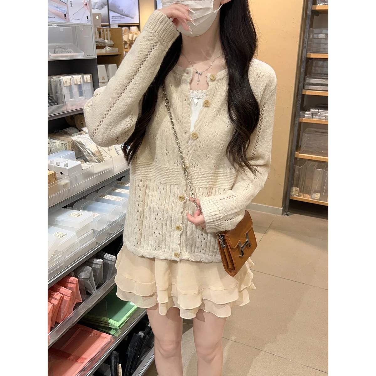 Women's Autumn Winter Knitted Sweater Chic Versatile Sweet Hollow out Lace Loose Mohair Open Cardigan round Ne Top
