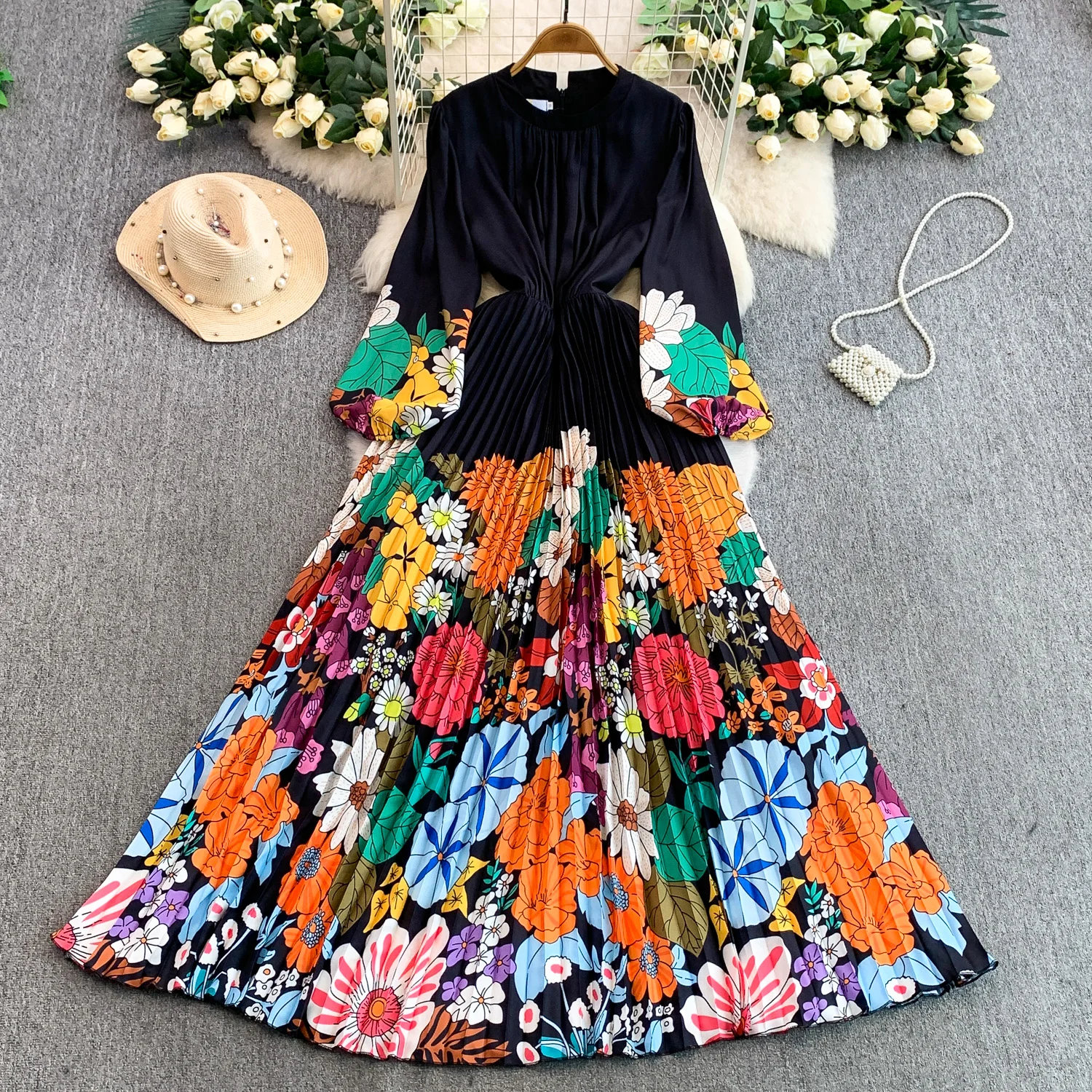 Französisch Vintage Elegante laterne hülse Geraffte A-line Kleid Mode Herbst Vestidos Frauen Kleider