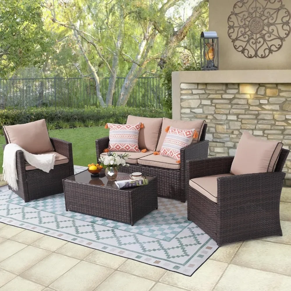 

Patio Furniture Set, 4 Piece Outdoor Patio Conversation Set, All-Weather PE Rattan Wicker Sectional Patio Sofa Set with Tempered