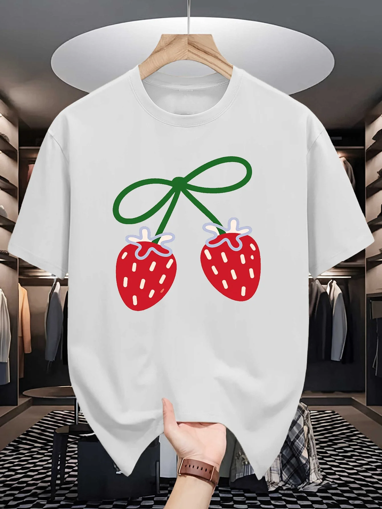 Two Strawberry Green Bow Cartoon Print Mens Crew Neck T Shirt Sweet Fruit Graphic Short Sleeve Casual Cotton Daily Tops
