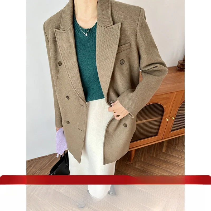 

Зимний шерстяной костюм Jaet, корейский дизайн на пуговицах, длинное двухбортное пальто чистого цвета для молодых женщин