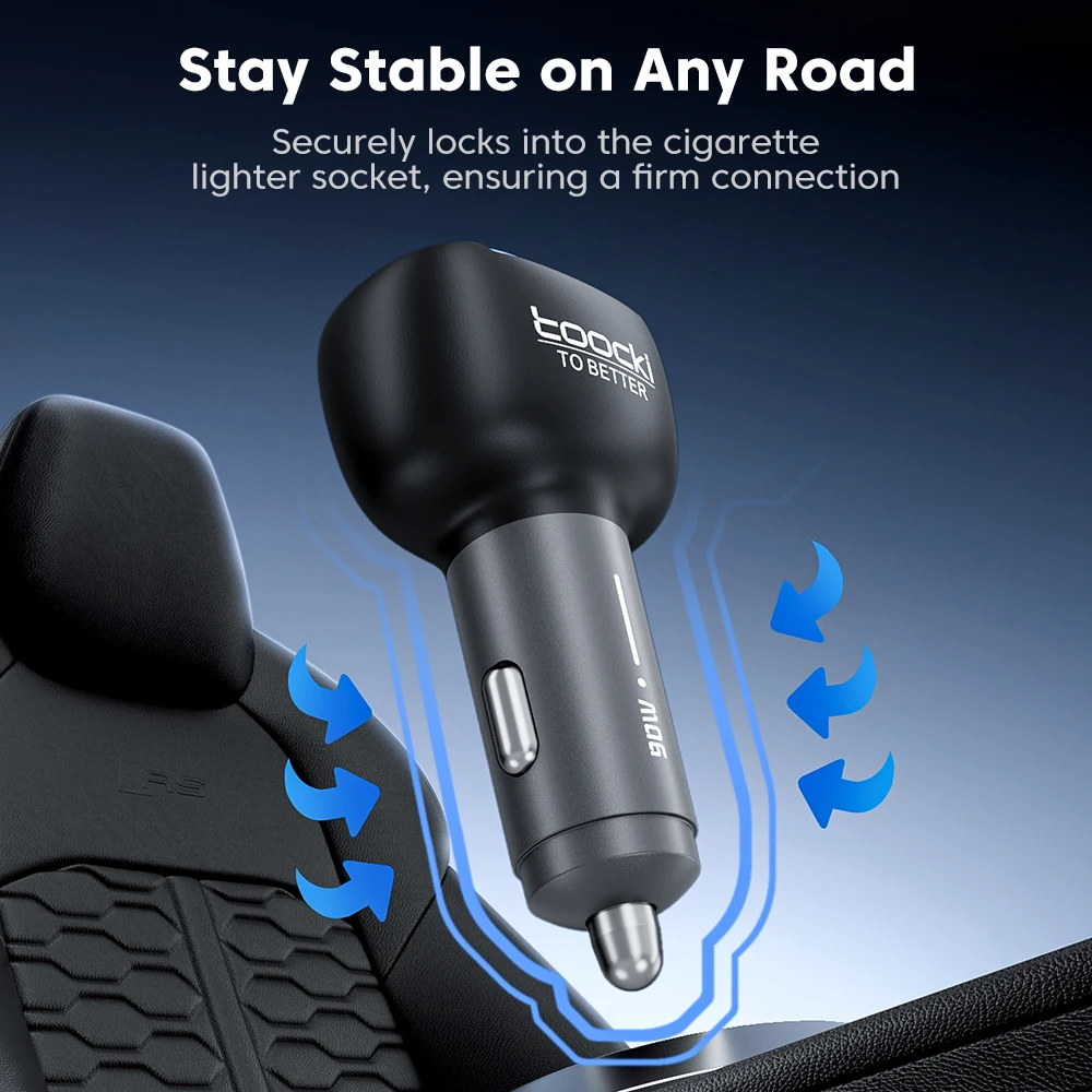 Toocki 90W USB C Car Charger For Phone 4 Ports PD Qi2.2 45W Fast Charging For iPhone 17 16 Pro Samsung S25 S24 Xiaomi LED Light view 5