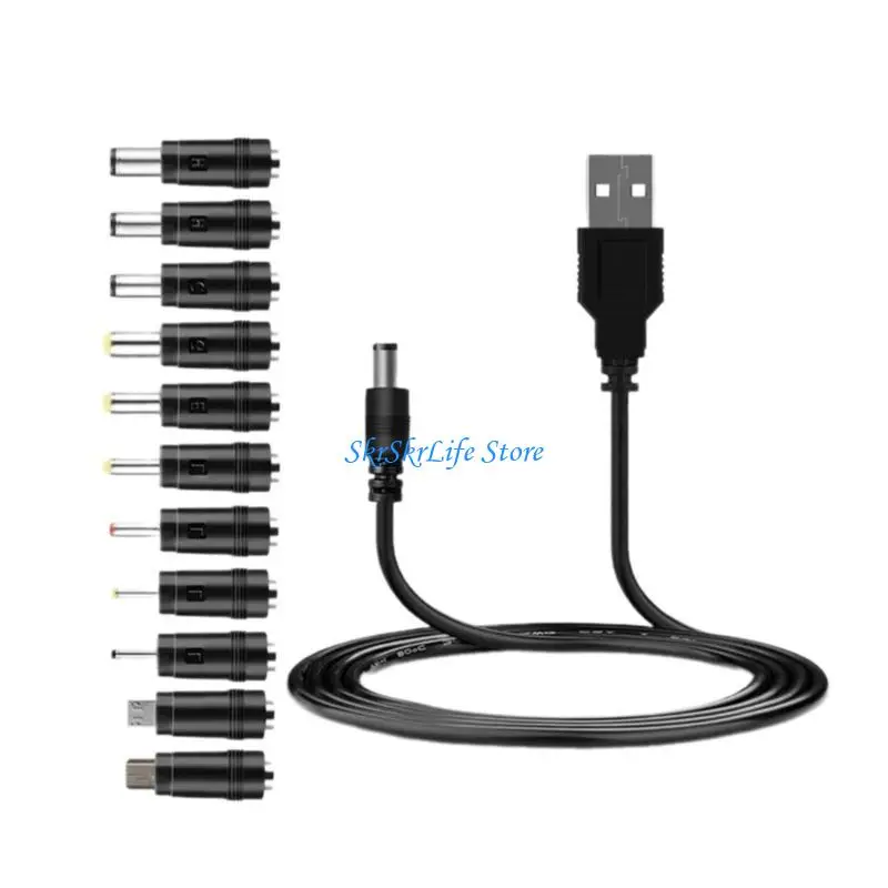 E65E 5V USB to DC5521 Power Cable Cord Support Charging Includes 12 Connector Tips