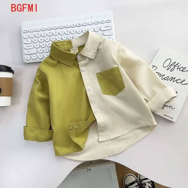 2-9 Yrs old Children\'s Spring Autumn New Shirt Boys Korean Loose Casual Patchwork Single Breasted Pure Cotton Top Handsome Shirt