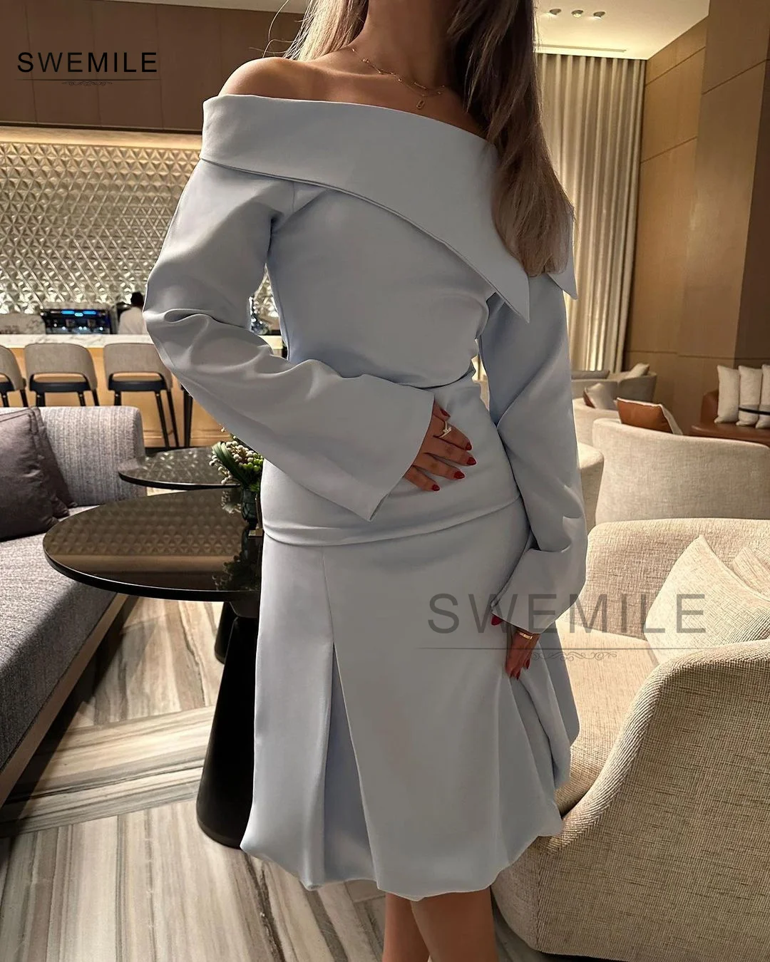 Blue Prom Dresses Wedding Party Dress Short Dresses For Special Events Zipper Up Long Sleeves Cocktail Formal Occasion Dresses