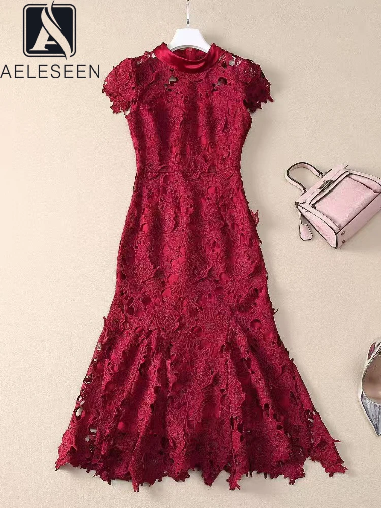 AELESEEN Vintage Solid Lace Dress Women 2025 Spring Summer Turtleneck Flower Embroidery Hollow Out Sky Blue Claret Elegant Midi