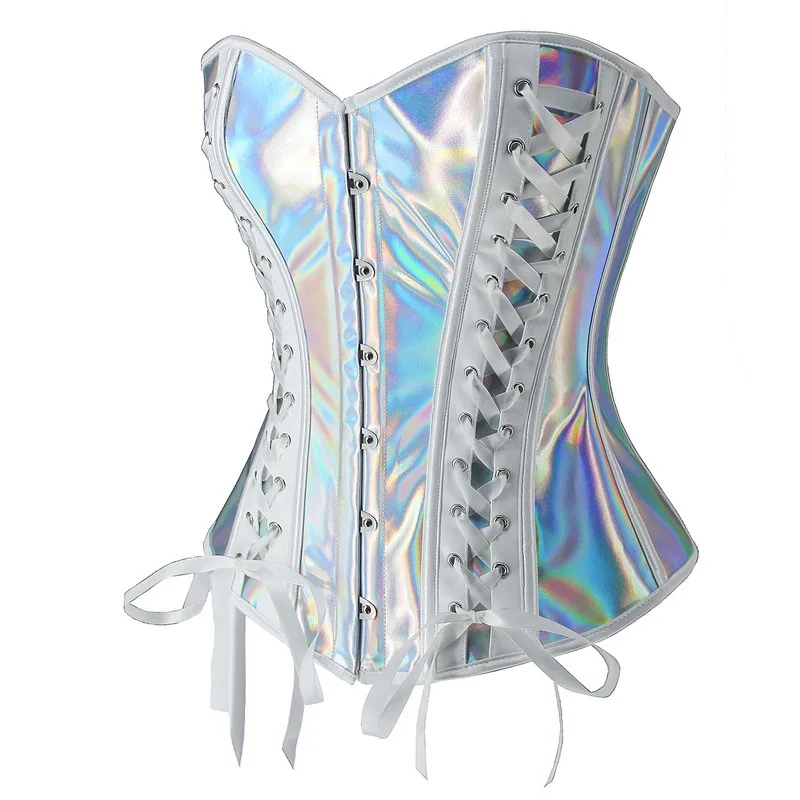 Corsetto in pelle PU argento Steampunk Top gotico con lacci Overbust Bustier Vita sottile Body Shapewear Donna Corsetto sexy Clubwear